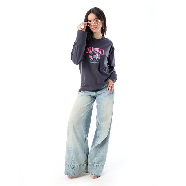 Crew Neck Printed Long Sleeves Oversized T-Shirt - Dark Grey