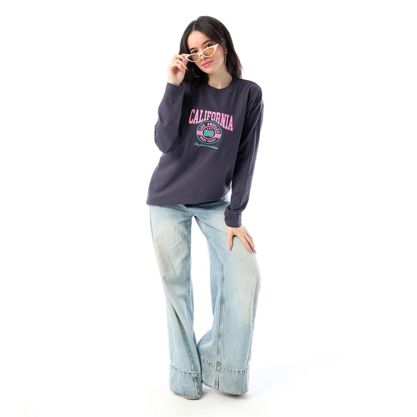 Crew Neck Printed Long Sleeves Oversized T-Shirt - Dark Grey