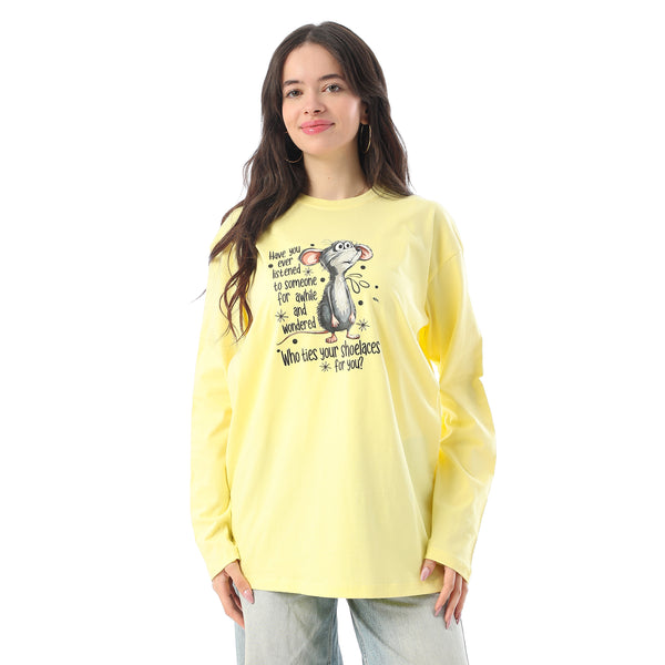 Crew Neck Printed Long Sleeves Oversized T-Shirt - Yellow