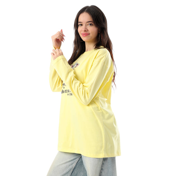 Crew Neck Printed Long Sleeves Oversized T-Shirt - Yellow