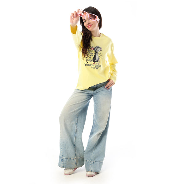 Crew Neck Printed Long Sleeves Oversized T-Shirt - Yellow