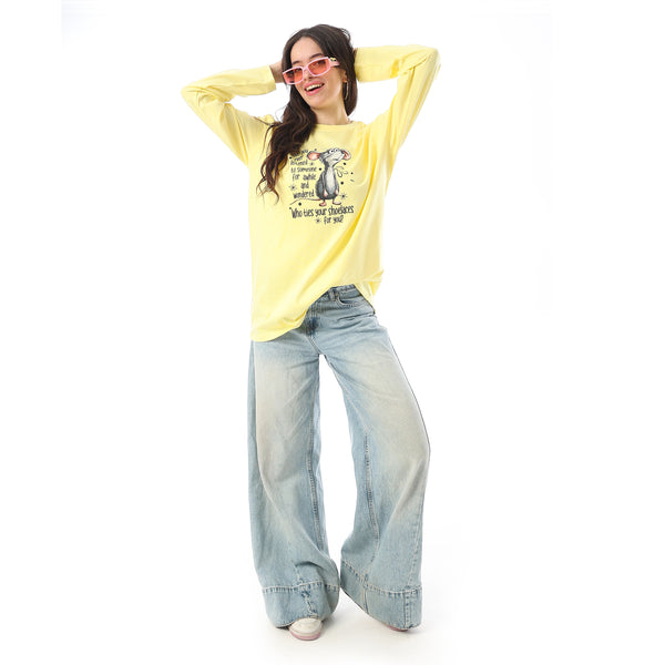 Crew Neck Printed Long Sleeves Oversized T-Shirt - Yellow