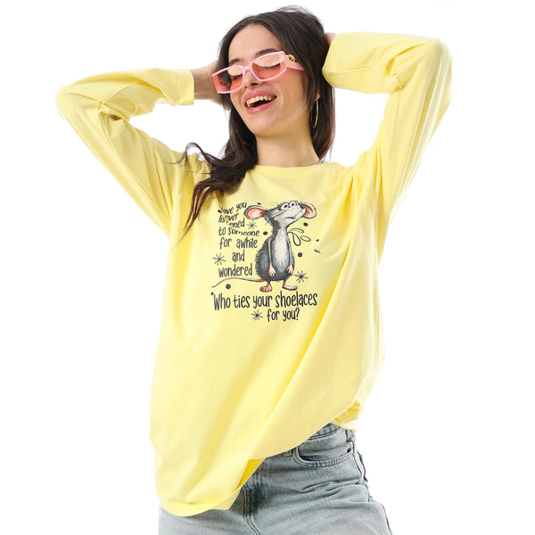 Crew Neck Printed Long Sleeves Oversized T-Shirt - Yellow