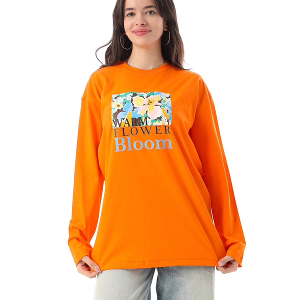 Crew Neck Printed Long Sleeves Oversized T-Shirt - Orange