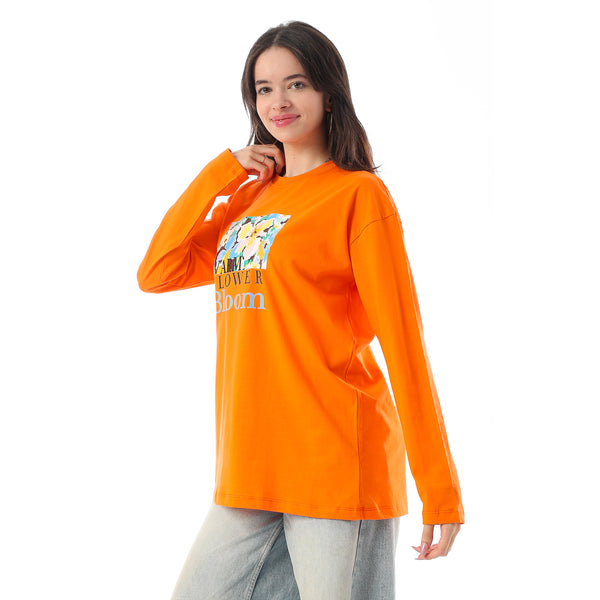 Crew Neck Printed Long Sleeves Oversized T-Shirt - Orange
