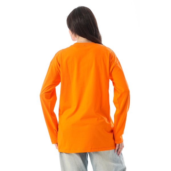 Crew Neck Printed Long Sleeves Oversized T-Shirt - Orange