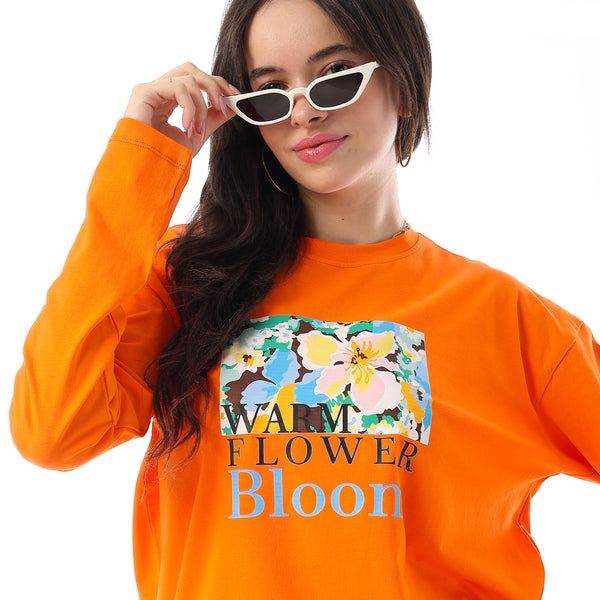 Crew Neck Printed Long Sleeves Oversized T-Shirt - Orange