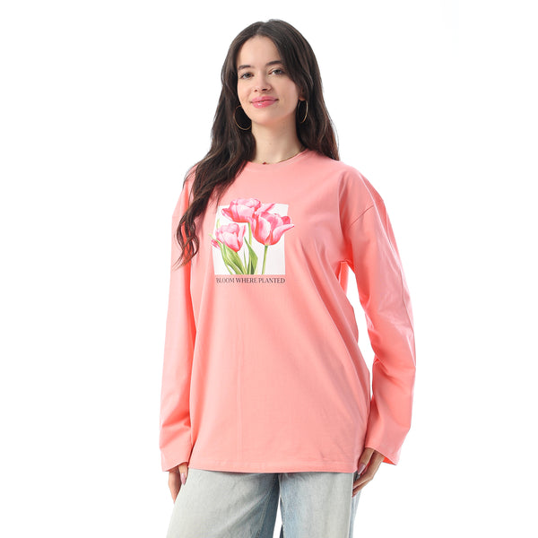 Crew Neck Printed Long Sleeves Oversized T-Shirt - Coral Pink