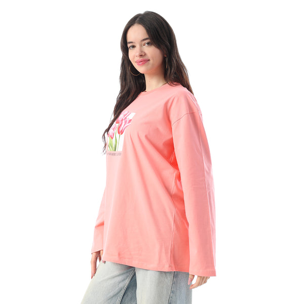 Crew Neck Printed Long Sleeves Oversized T-Shirt - Coral Pink