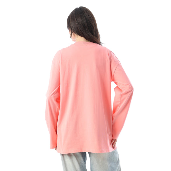 Crew Neck Printed Long Sleeves Oversized T-Shirt - Coral Pink