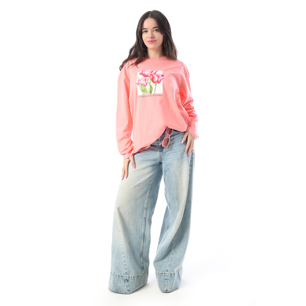 Crew Neck Printed Long Sleeves Oversized T-Shirt - Coral Pink