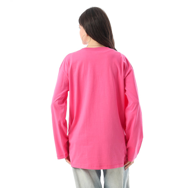 Crew Neck Printed Long Sleeves Oversized T-Shirt - Fuchsia