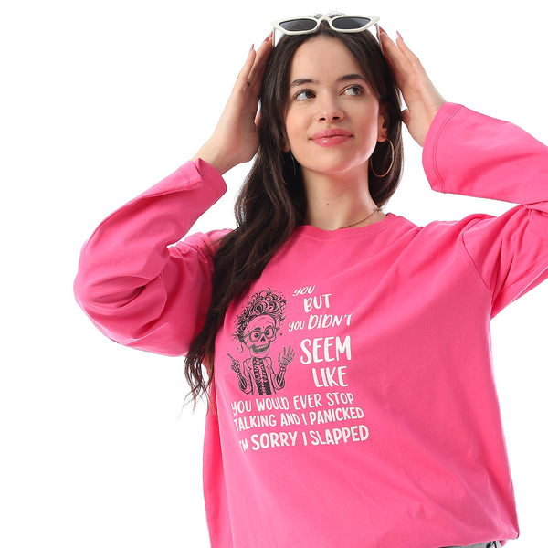Crew Neck Printed Long Sleeves Oversized T-Shirt - Fuchsia