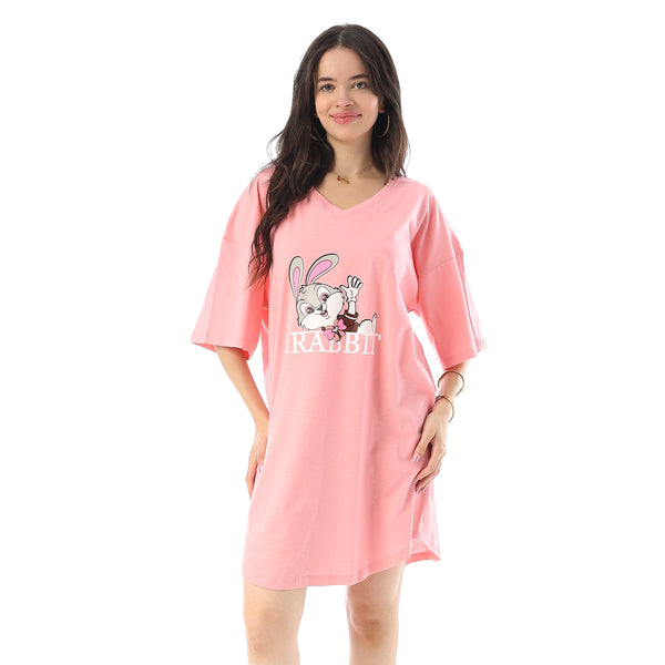 Printed Short Sleeves Oversized Sleepshirt - Rose