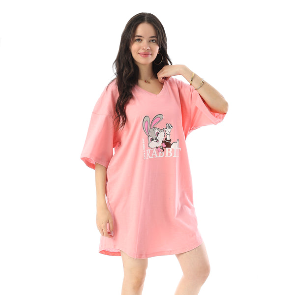 Printed Short Sleeves Oversized Sleepshirt - Rose