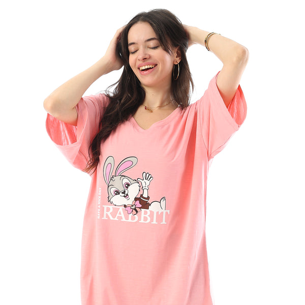 Printed Short Sleeves Oversized Sleepshirt - Rose