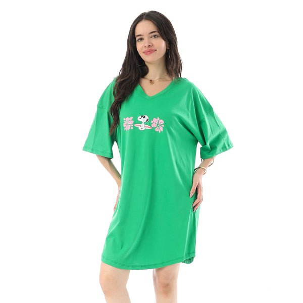 Printed Short Sleeves Oversized Sleepshirt - Light Green