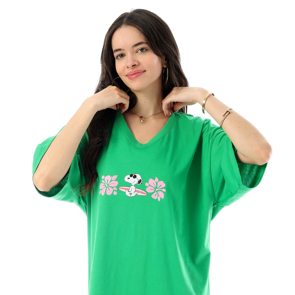 Printed Short Sleeves Oversized Sleepshirt - Light Green