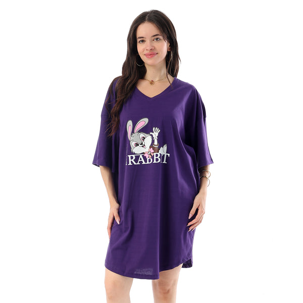 Printed Short Sleeves Oversized Sleepshirt - Dark Purple