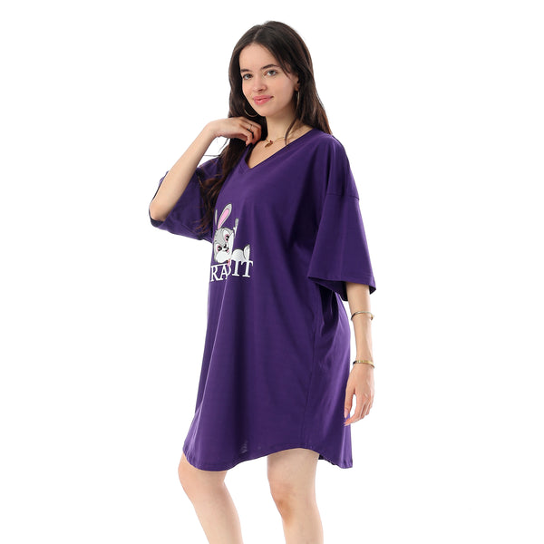 Printed Short Sleeves Oversized Sleepshirt - Dark Purple
