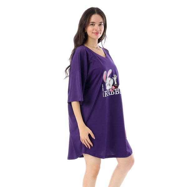 Printed Short Sleeves Oversized Sleepshirt - Dark Purple