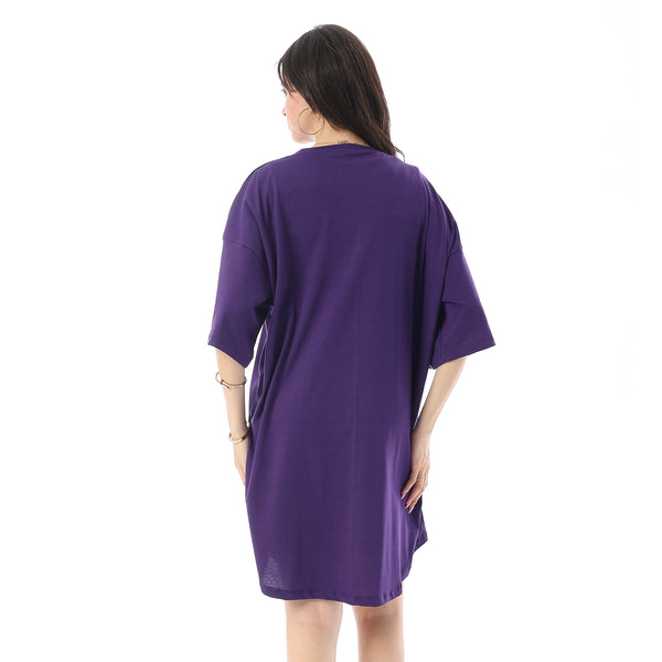 Printed Short Sleeves Oversized Sleepshirt - Dark Purple