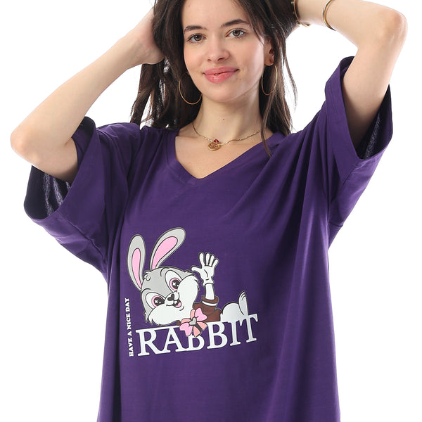 Printed Short Sleeves Oversized Sleepshirt - Dark Purple