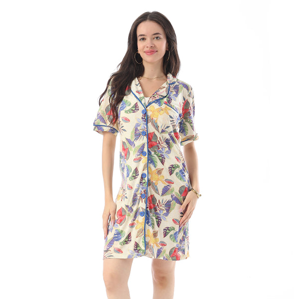 Self Pattern Buttons Closure Sleepshirt - Beige, Blue, and Yellow
