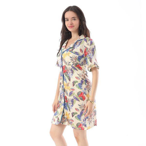 Self Pattern Buttons Closure Sleepshirt - Beige, Blue, and Yellow