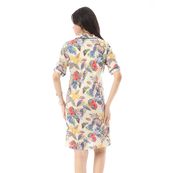 Self Pattern Buttons Closure Sleepshirt - Beige, Blue, and Yellow