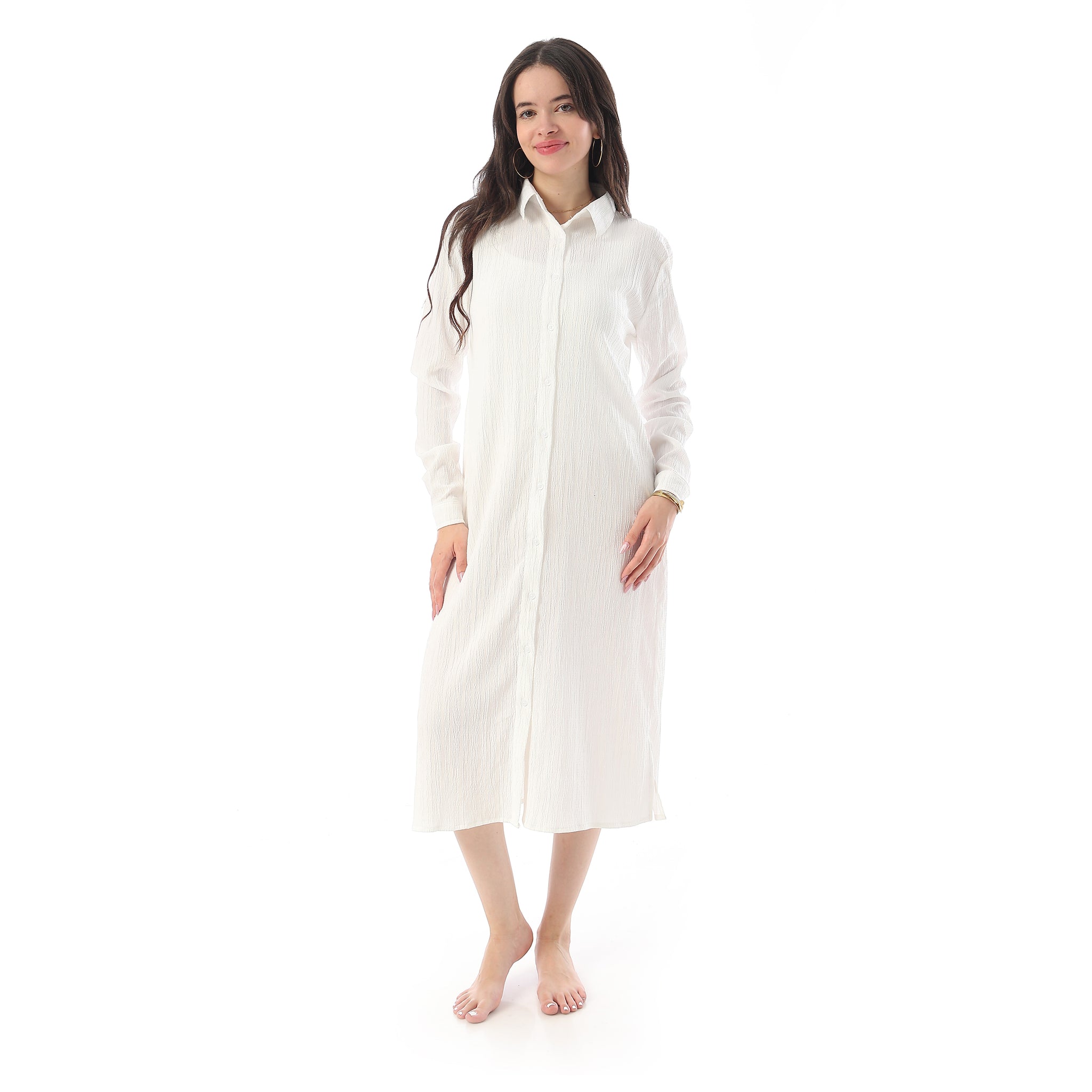 Long Sleeves Textured Side Slit Long Shirt - Off White
