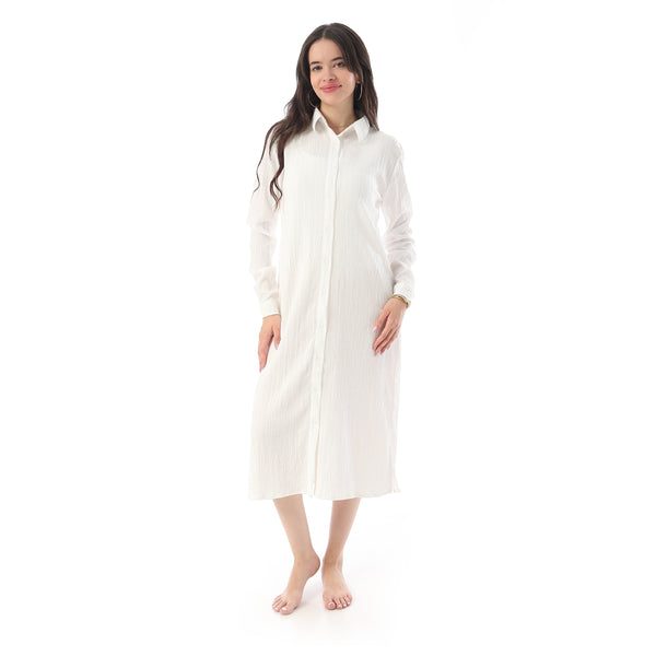 Long Sleeves Textured Side Slit Long Shirt - Off White
