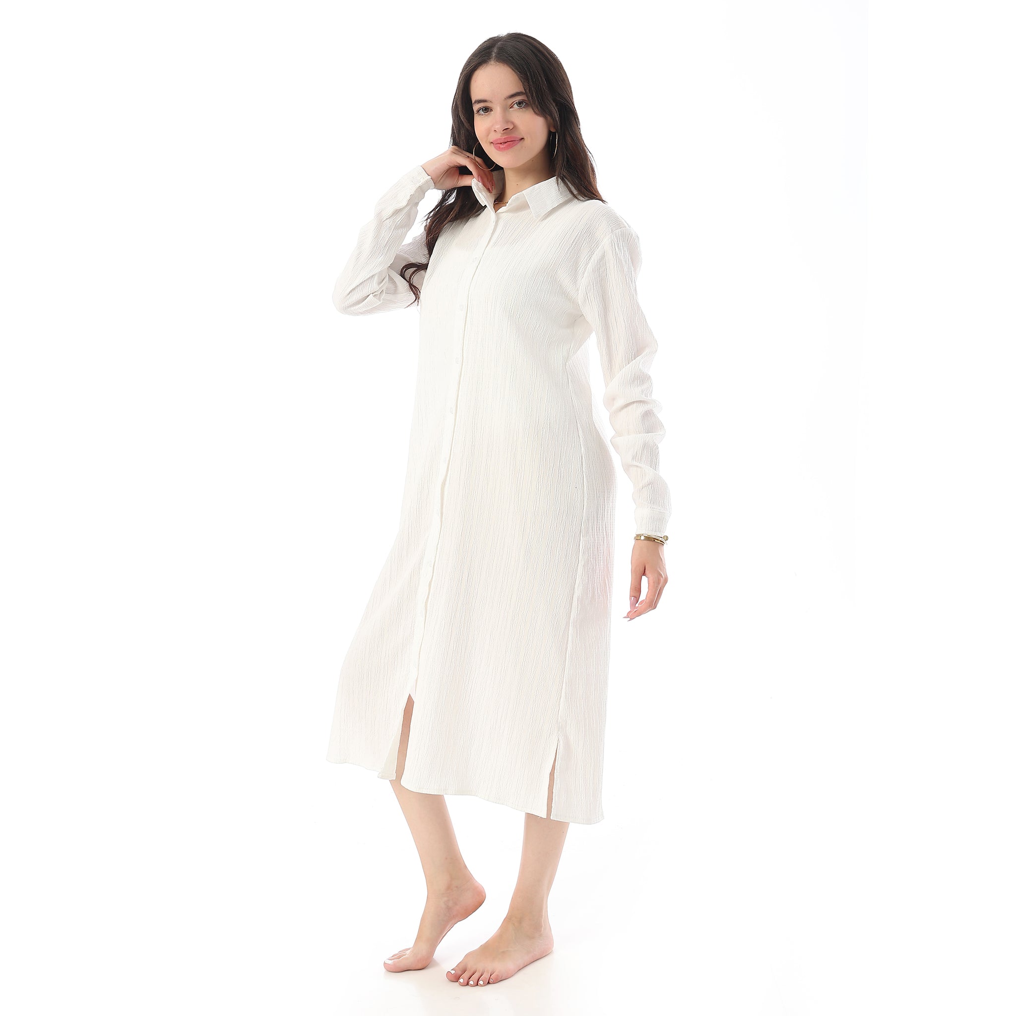 Long Sleeves Textured Side Slit Long Shirt - Off White