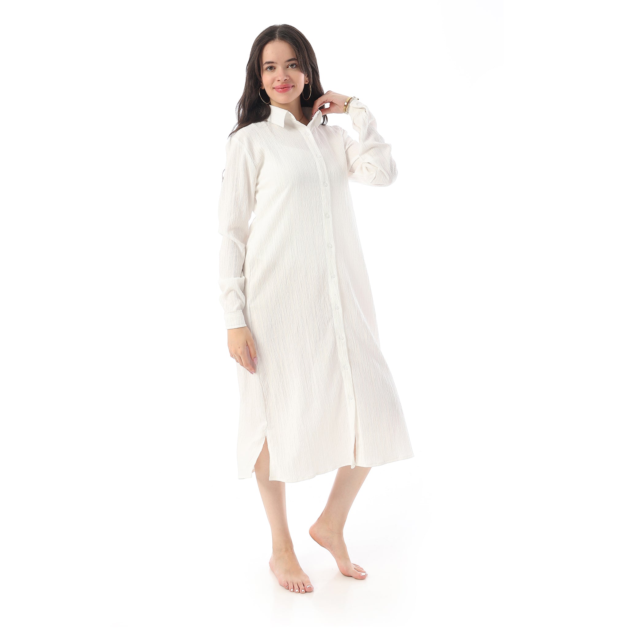 Long Sleeves Textured Side Slit Long Shirt - Off White
