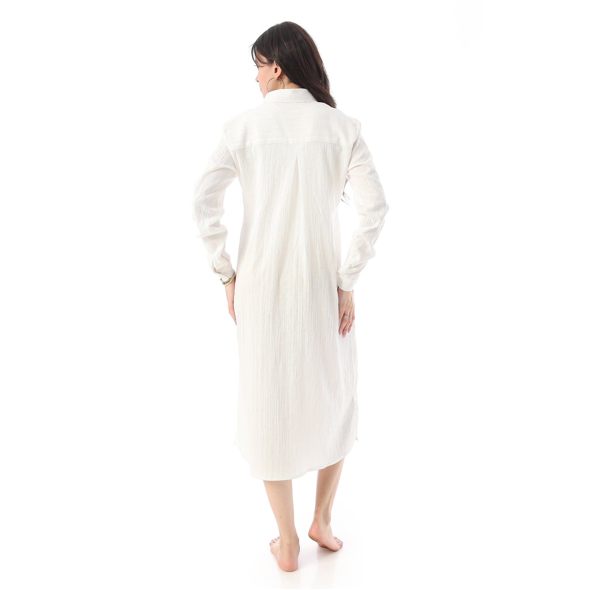 Long Sleeves Textured Side Slit Long Shirt - Off White