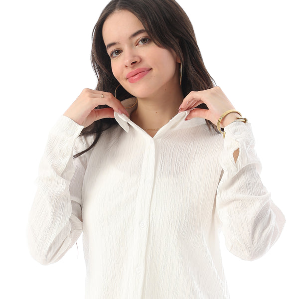 Long Sleeves Textured Side Slit Long Shirt - Off White