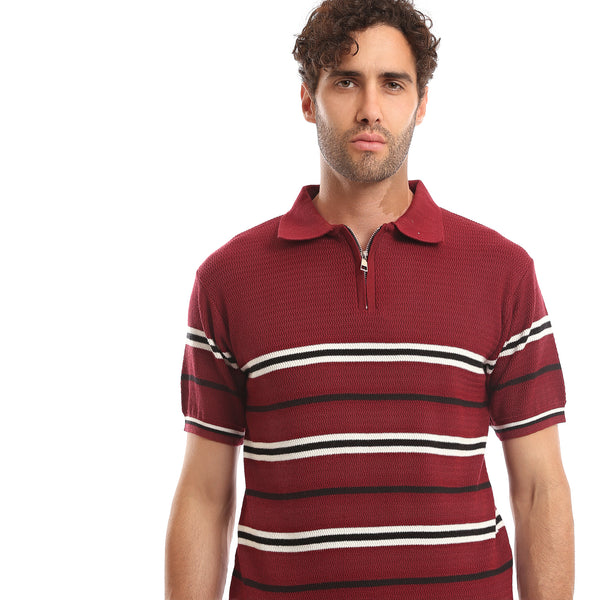Casual_Knitted_Striped_Summer_Polo_Shirt_-_Burgundy