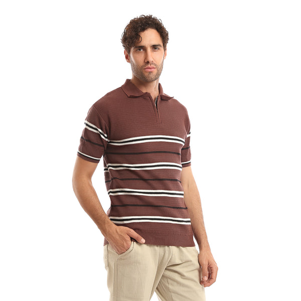 Casual_Knitted_Striped_Summer_Polo_Shirt_-_Brown