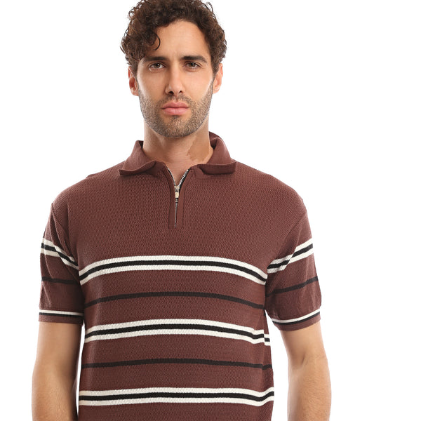 Casual_Knitted_Striped_Summer_Polo_Shirt_-_Brown