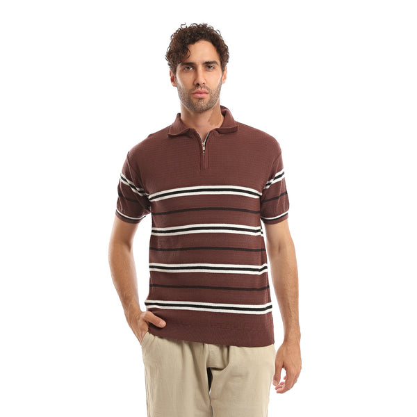 Casual_Knitted_Striped_Summer_Polo_Shirt_-_Brown
