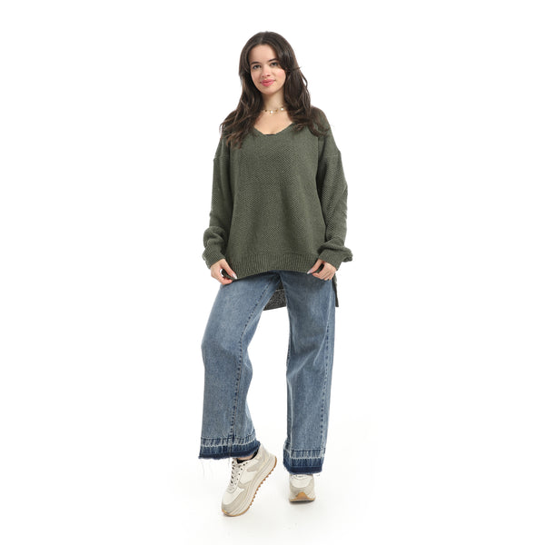 V-Neck_Knitted_Plain_Pullover_-_Olive