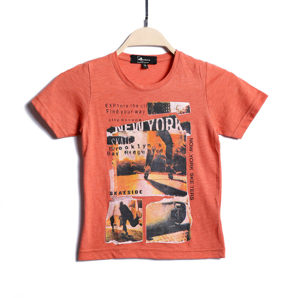 "New York" Pattern Slip On Boys T-Shirt - Heather Salmon Orange