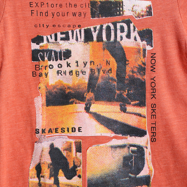 "New York" Pattern Slip On Boys T-Shirt - Heather Salmon Orange
