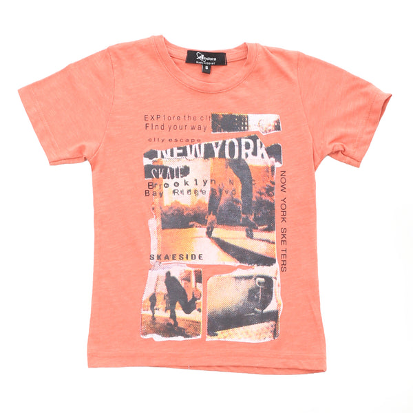 "New York" Pattern Slip On Boys T-Shirt - Heather Salmon Orange