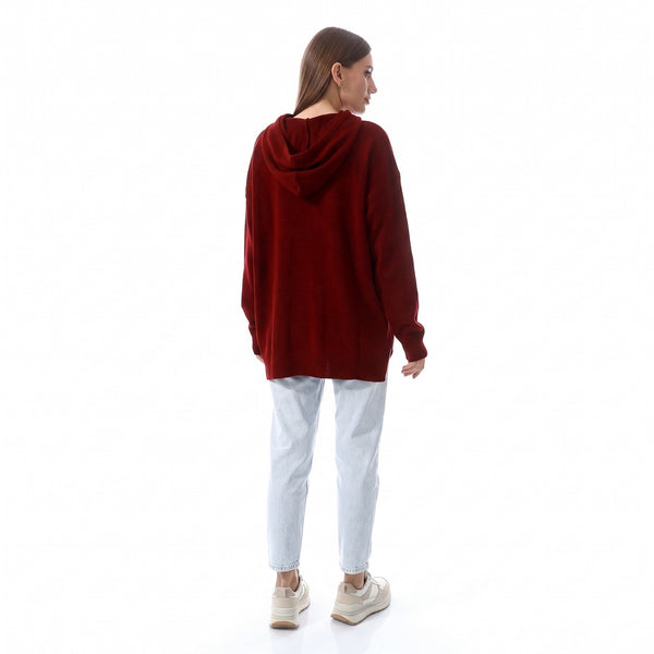 Wind Red High-Low Knitted Hoodie