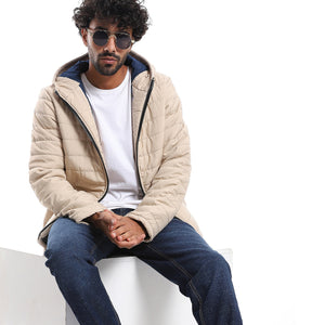Long Sleeves Quilted Pattern Hoodie Neck Jacket - Beige