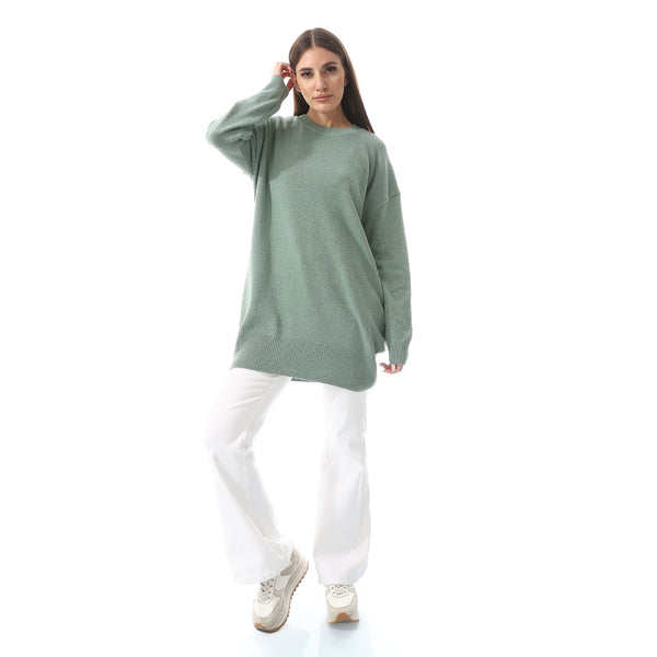 Knitted Round Neck Slip On High Low Pullover - Mint Green