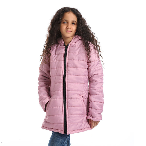 Hoodie Neck Zipper Closure Girls Jacket - Rose Pink