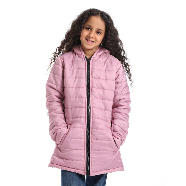 Hoodie Neck Zipper Closure Girls Jacket - Rose Pink