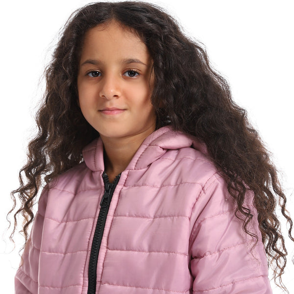 Hoodie Neck Zipper Closure Girls Jacket - Rose Pink